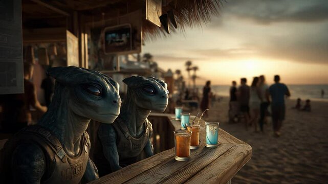A group of alien creatures enjoying colorful drinks at the Sunset Beach Bar