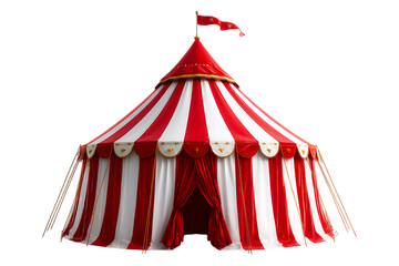 Red and white striped circus tent with a flag isolated on white or transparent png
