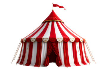 Red and white striped circus tent with a flag isolated on white or transparent png