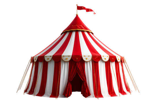 Red and white striped circus tent with a flag isolated on white or transparent png