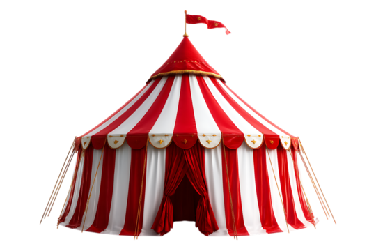 Red and white striped circus tent with a flag isolated on white or transparent png