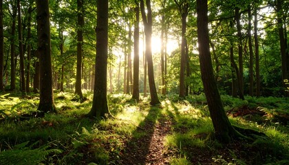 Obraz premium Sunlit Forest Path: A Tranquil Woodland Scene