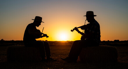 Silhouetted musicians create a serene atmosphere as they play their fiddles atop hay bales during a stunning sunset in the countryside.