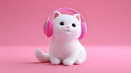 Cute white cat wearing headphones listening to music on pink background