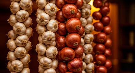 Obraz premium Strands of garlic and red onions are hanging in a kitchen, adding rustic charm and freshness to the culinary space.