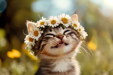 Summertime happiness. Morning glow. Cute baby cat havana brown wearing untamed flower circlet on its head. Smiling cat in a sunlit meadow. Cat surrounded by blossoms. Cheerful cat in nature.