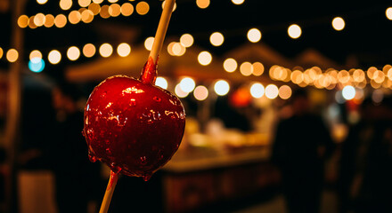 A shiny red candy apple glows against a backdrop of blurred lights, creating a festive and tempting treat. Held on a stick.