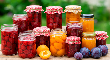 Assorted fruit jams and preserves in jars. Variety of flavors and colors. Homemade fruit preserves for breakfast, snack or dessert.