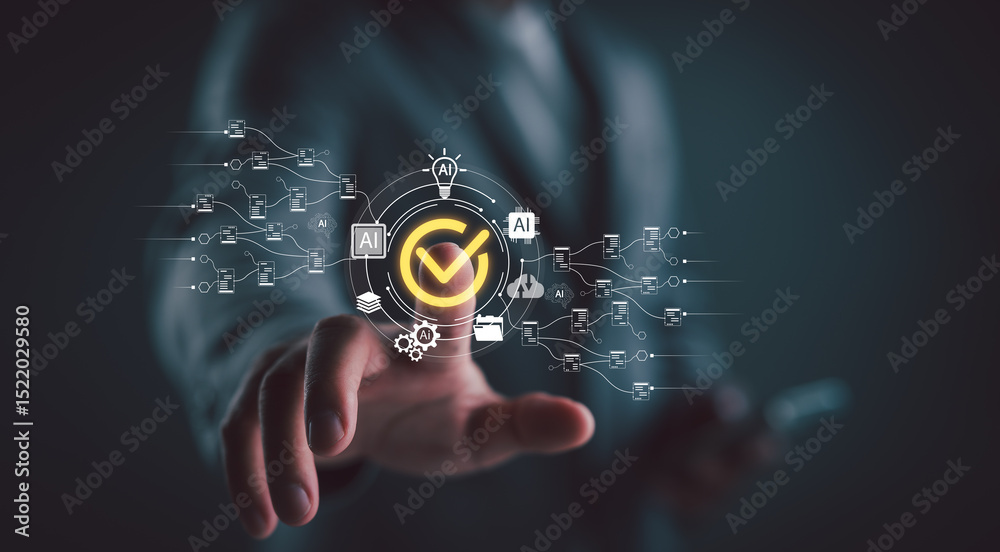 Aufkleber AI automation for document management system DMS with digital workflow and intelligent processing icons, perfect for business productivity, paperless systems, and smart office solutions.