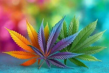 Colorful cannabis leaves displaying a spectrum of vibrant hues on a gradient background