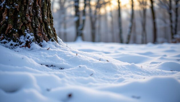 Serene winter scene featuring closeup of snow covered ground near tree trunk, capturing beauty of nature