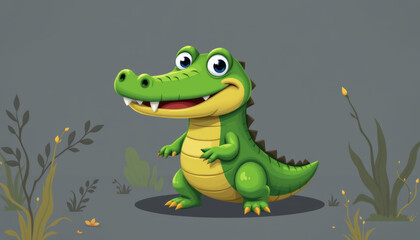Obraz premium Stylized crocodile character with bright colors and friendly expression, surrounded by minimal foliage