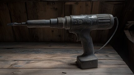 A detailed image featuring a weathered black electric drill on wood