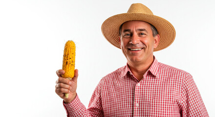 Smiling farmer holding roasted corn on the cob, wearing straw hat and plaid shirt against plain background, fresh harvest.