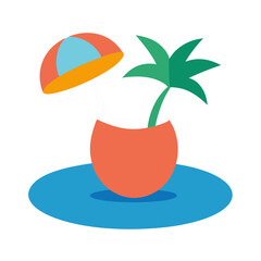 Tropical coconut cocktail with fresh fruit and green palm leaves, a sweet summer beach illustration