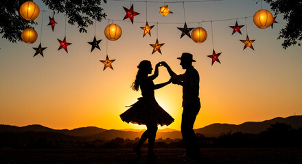 Silhouette of a couple dancing outdoors at sunset under string lights, celebrating a special occasion or enjoying a romantic moment.