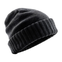 Isolated dark gray knitted beanie hat on a transparent background for winter and outdoor wear