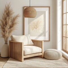 Modern Minimalist Wooden Armchair in a Cozy Living Room