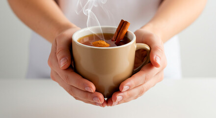 Hands holding a steaming mug of herbal tea, garnished with cinnamon stick and turmeric powder, set on a white surface.