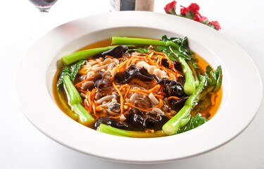 Chinese kale, black fungus, white jade mushroom, cordyceps flower soup