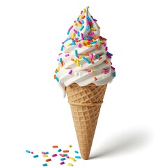 A delectable ice cream cone topped with colorful sprinkles. The ice cream has a creamy, swirling texture, and the cone adds a touch of crunchiness.