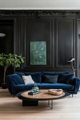 Dark Elegant Living Room with Velvet Sofa