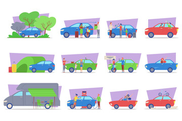 Obraz premium Different moments with people engaging with cars in various settings. Activities including packing, socializing, and preparing for trip, all depicted in colorful style