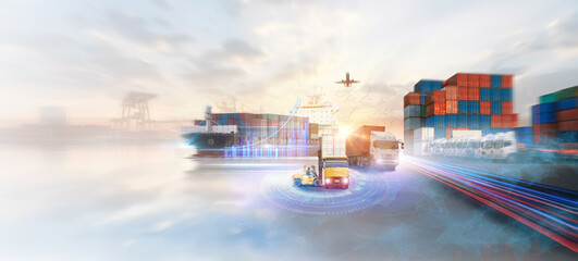 Container truck in ship port for business Logistics and transportation of Container Cargo ship and Cargo plane with working crane bridge , logistic import export and transport industry background