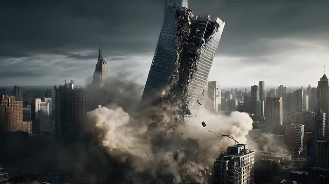 Cinematic urban disaster with a building collapsing