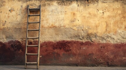 A weathered wooden ladder is leaning against a textured wall