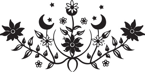 Black and white floral design elements feature vintage flower and leaf illustrations for ornate vector patterns, perfect for wallpaper or tattoo art decoration