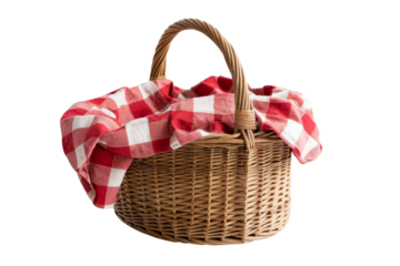 picnic basket with red and white checkered cloth.
