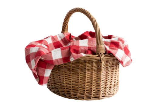 picnic basket with red and white checkered cloth.
