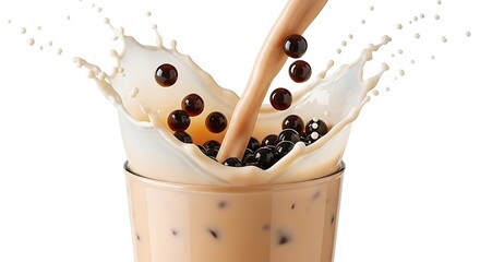 A refreshing milk tea with brown sugar pearls, creating a splash