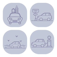 Collection of four line icons illustrating diverse car-related activities including travel with luggage, directional signage, water activities, and refueling