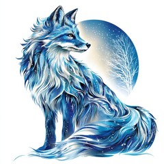 Majestic Blue Fox with Flowing Fur and Moonlit Background