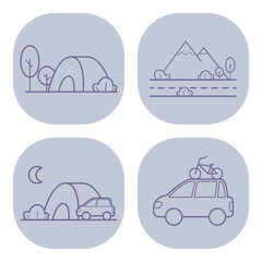 Fototapeta premium Set of line icons representing outdoor camping activities, including tents, mountains, vehicles, and bicycles against soft background. Perfect for illustrating adventure themes