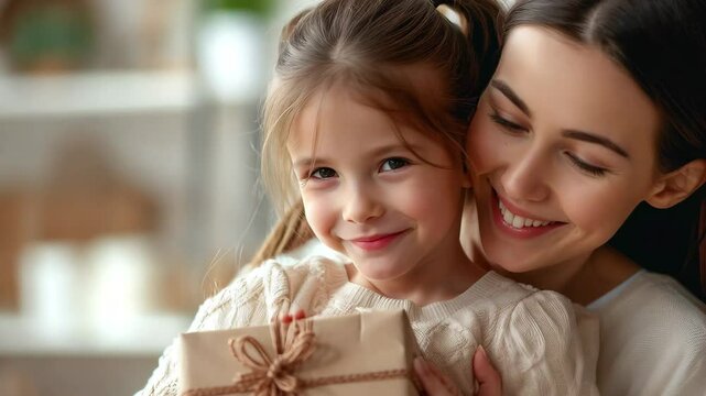 A joyful daughter surprises her mom with a beautifully wrapped gift in a warm, cozy home setting during a special moment of love and connection