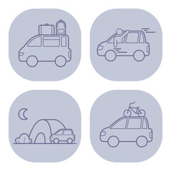 Obraz premium Collection of line icons representing various travel activities. Car filled with luggage, moving vehicle, campsite, and bike on car, showcasing outdoor exploration