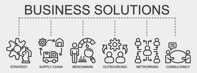 Business solutions banner web icon vector illustration featuring icons of strategy, supply chain, benchmark, outsourcing, networking, and consultancy.