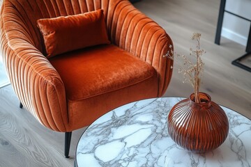Modern Plush Orange Velvet Armchair and Marble Coffee Table