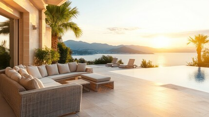 Obraz premium Luxurious outdoor patio overlooking the calm ocean waters at sunset