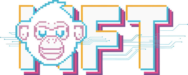 Obraz premium Explore the world of nft art crypto collectibles and blockchain technology with monkey pixel art design editable stock vector illustration