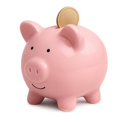 Savings Piggy Bank: A classic pink piggy bank with a gold coin being deposited. Representing savings, financial security, and smart money management.
