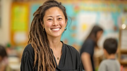 A Teacher With Dreadlocks And A Warm Smile Is Standing In A Bright Classroom Setting, education and mentorship