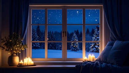 Christmas snow winter window with tree and candle