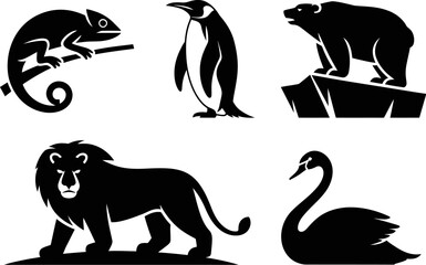 Fototapeta premium Animals silhouettes vector illustration zoo wildlife nature lion bear penguin chameleon swan design 100 editable stock vector illustration