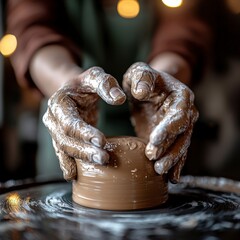 Artisan Hands at Work: The skilled hands of a craftsperson shape and mold clay on a pottery wheel, captured in a close-up shot, showcasing the artistry and dedication to the craft. 