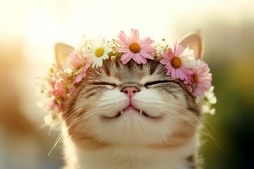 Cute adult cat exotic shorthair wearing untamed flower circlet on its head. Soft daylight. Sunny days happiness. Little adventurer in a floral wonderland. Playful summer vibes for kittens.