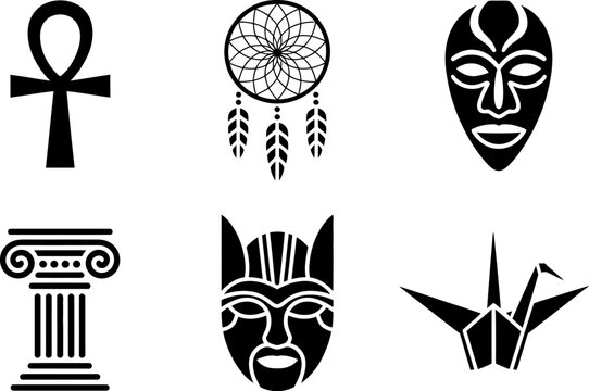 Vector icons symbols collection ankh dreamcatcher african mask column origami crane ancient art design editable stock vector illustration